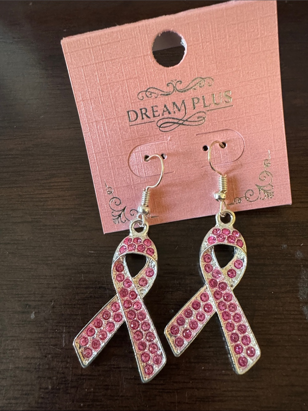 Pink Ribbon Crystal Drop Earrings